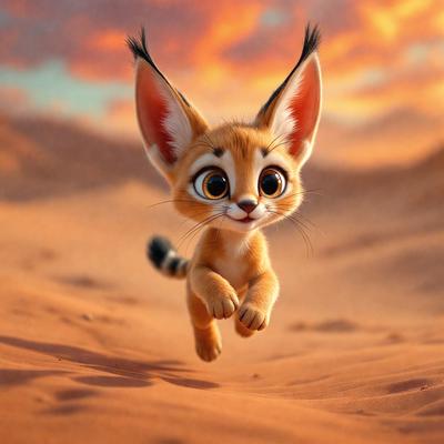 The primary subject of the image is a small, cute, and colorful cat with big ears. The cat is running across a sandy surface, possibly a desert, with a sky background. The visual style of the image is a digital art or illustration, giving it a vibrant and lively appearance. The dominant colors in the image are orange and brown, which create a warm and inviting atmosphere.